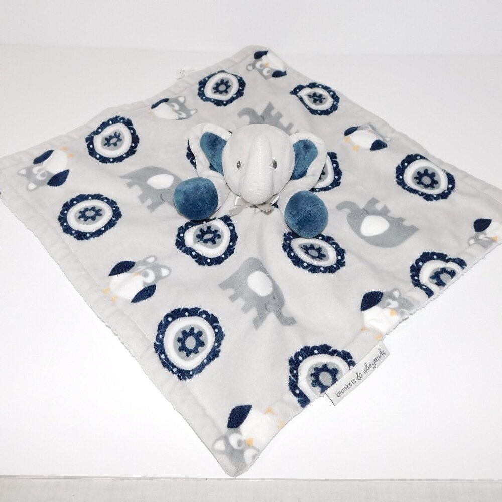 Blankets & Beyond Gray navy Blue Plush elephant owl Security Blanket Baby Lovey